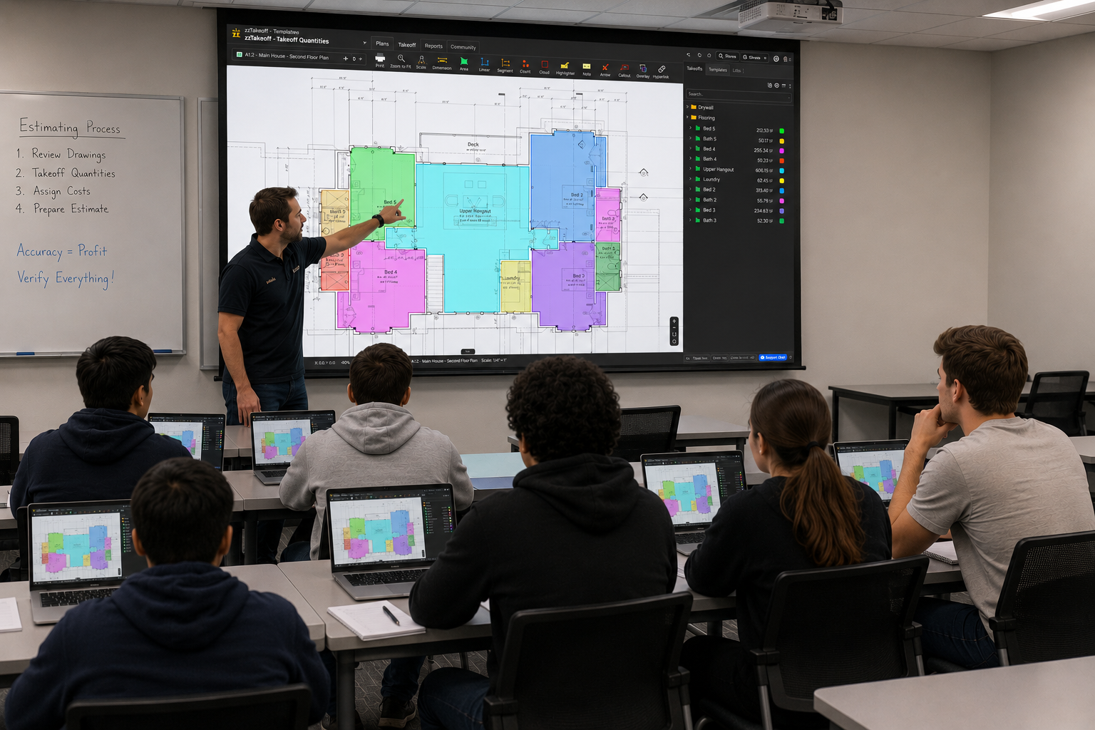Lecturer teaching construction takeoff software in a classroom